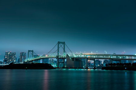 Rainbow Bridge and City Lights Viewed from Odaiba Marine Park, Daiba, Minato City, Tokyo, Japan