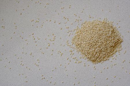 A handful of light natural Indian sesame seeds on a light stone countertop or table, many small seeds are scattered next to a handful. Horizontal close-upの写真素材