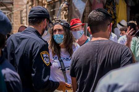 Israel, Jerusalem, 25.07.2020. A single picket or rally or strike against the Israeli prime minister in central Jerusalem near the central market in the midst of the coronavirus pandemic.のeditorial素材