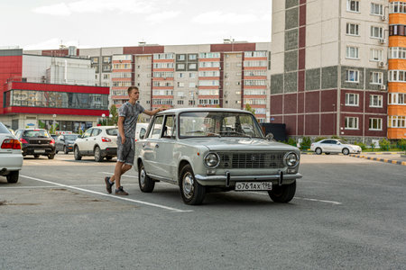 TYUMEN, RUSSIA- JULY 09, 2022: Soviet car VAZ 2101 gray restored and restored in the Russian city of Tyumenのeditorial素材