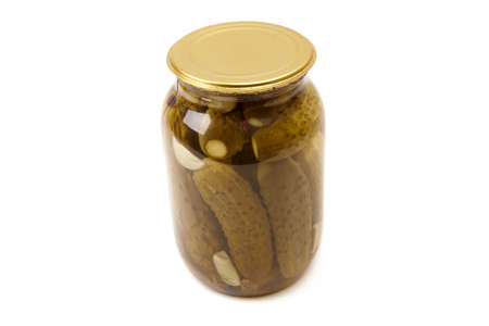 Tree clear glass jar of green pickled cucumbers. Isolated imageの写真素材
