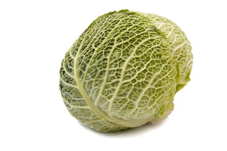 Head of savoy cabbage isolated on white backgroundの写真素材