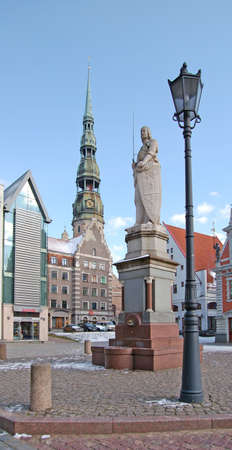 Monument of Roland in Riga in the old town square.の写真素材