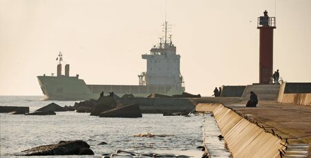 The ship arrives to Riga port.の写真素材
