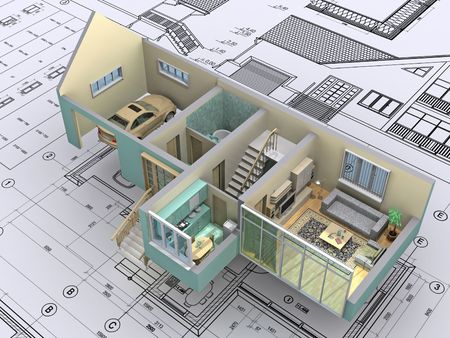 3D isometric view the cut residential house on architect’s drawing. Background image is my own.