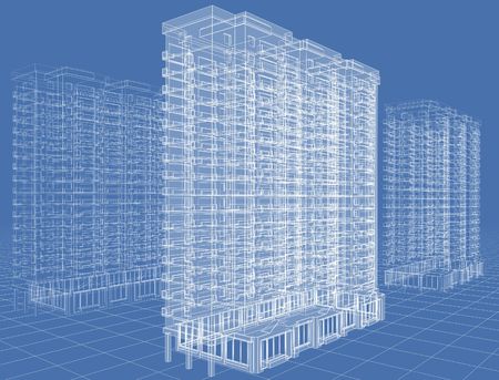 Abstract architectural 3D drawing of many-storeyed building on blue.