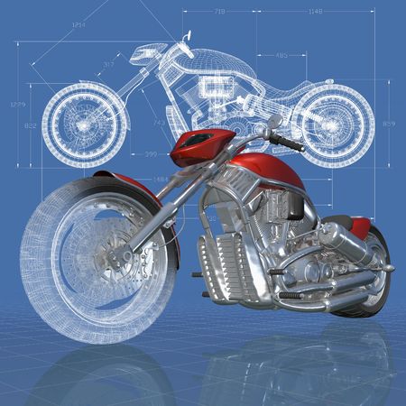 3D isometric view of motorcycle on the engineer's drawing.の写真素材