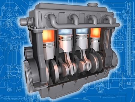 3D cut of  working car motor on the engineering drawing. Image with clipping path.