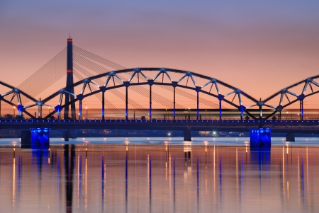 The bridges across Daugava river in Riga, Latvia.の写真素材