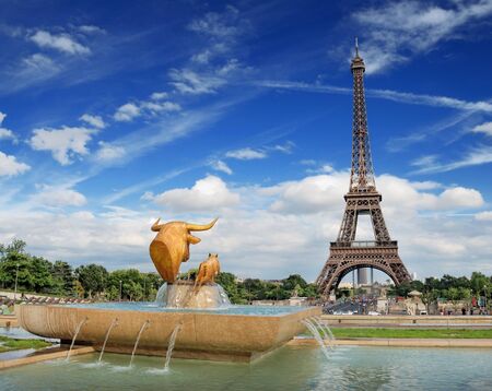The statue Bull and Calf on Trocadero fountain and Eiffel tower in Paris, France.の写真素材