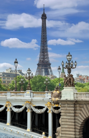 The bridge Alexandre III and Eiffel tower in Paris, France の写真素材