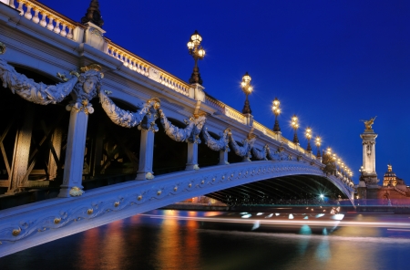 The bridge Pont Alexandre III connect the Champs-Elysees quarter and the Invalides quarter in Paris, France の写真素材