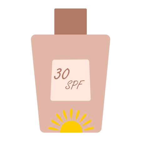 Vector illustration of sun protection body lotion with 30 spf. beige-brown tan tones, with yellow sunのイラスト素材
