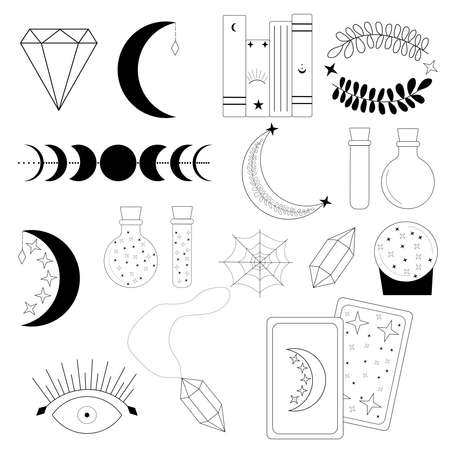 doodle set magic symbols vector illustration. Magic symbols, stars, tarot, moon. Lamp set of mystical illustrationsのイラスト素材