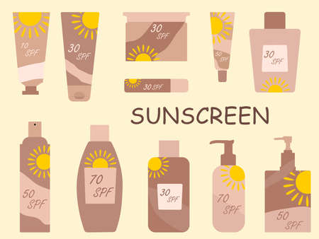 Big set of vector illustrations with body sunscreen. Sun protection, skin care, summer body care....