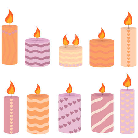 Burning cute wax and paraffin scented candles. Candles decor for home and comfort, holiday decor. Vector illustration eps 10, flat cute candlesのイラスト素材