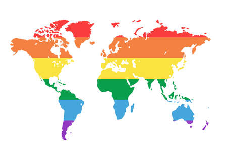 Vector map of the world in the colors of the lgbt flag. Peaceful world, month of pride. Clipart for printのイラスト素材
