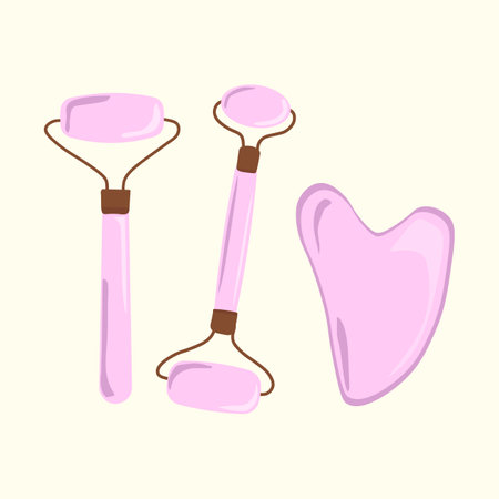 Jade roller for gua sha face massage. Roller made of natural pink quartz stone. Vector illustration of personal care and facial massageのイラスト素材