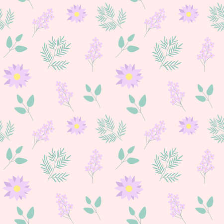 Floral seamless pattern with purple chamomile and lilac flowers and round spots.botanical patternのイラスト素材