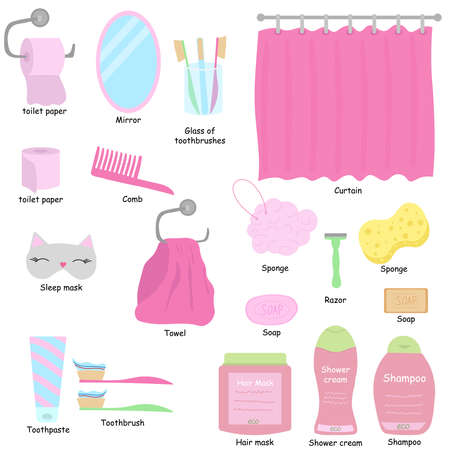 Flat style bathroom elements. Vector item in the bathroom, washcloths soap, hygiene productsのイラスト素材