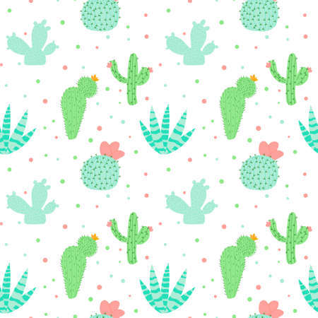 seamless pattern with cactus on a white background in cartoon style. Cute texture for kids room design, wallpaper, textile, wrapping paper, clothes. vector illustrationのイラスト素材