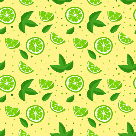 Lime with green leaves, a slice of citrus fruits on a yellow background. Seamless pattern. vector illustration. tropical patternのイラスト素材