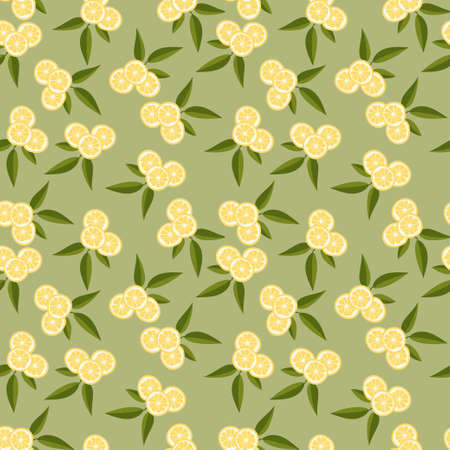 Vector seamless pattern with lemons and leaves. On a green background. bright summer design
