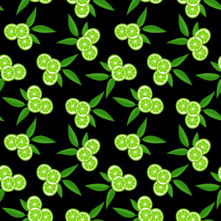 Lime with green leaves, citrus slice on black background. Seamless pattern. vector illustration....