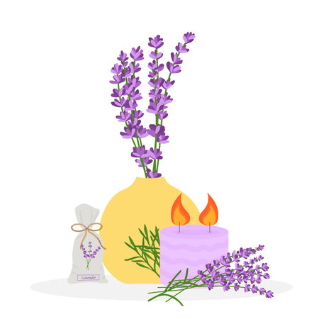 Lavender flowers in a yellow vase with a candle. Lavender fragrance for car.Vector illustration isolated on white background.のイラスト素材