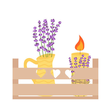 Lavender flowers in a wooden flower box.Vector illustration isolated on white background.のイラスト素材
