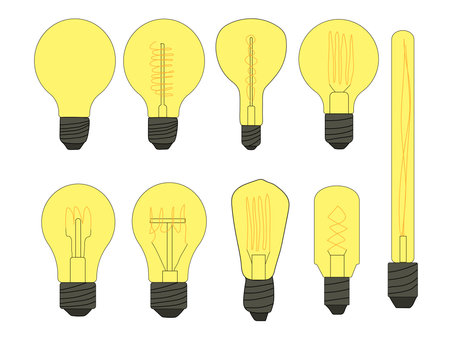 Set of glowing light bulb icons. Vector doodle illustration of an incandescent light bulb. Energy saving light bulb.のイラスト素材