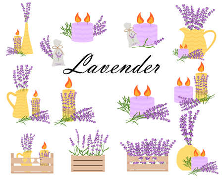 Delicate lavender set of lavender flowers in yellow vases, lavender candles, lavender bouquets. Big lavender setのイラスト素材