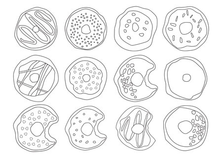 Doodle donuts. Coloring book for children and adults. Outline vector illustration. Wallpaper design, packaging, printingのイラスト素材