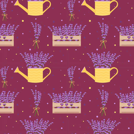 Seamless pattern with lavender flowers, flower boxes, flower bouquets. Floral seamless pattern....