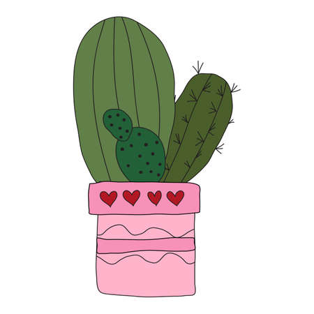 Home plant cactus in a pink pot. Cute vector doodle illustration of house plant.のイラスト素材