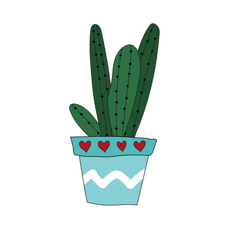 Home plant cactus in a blue pot. Cute vector doodle illustration of house plant.のイラスト素材