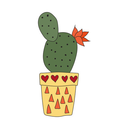 Home plant in a yellow pot. Cute vector doodle illustration of house plant.のイラスト素材