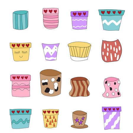 Set of cute vector ceramic flower pots in boho style. flower pots for the interior.のイラスト素材