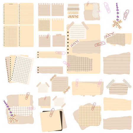 A set of notes for a notebook. Blank stickers and notes with planning elements. Abstract graphic notepad, paper clips, torn notepad sheets. Flag business office reminder writing sheetsのイラスト素材
