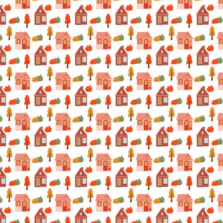 Seamless pattern with cute houses. Autumn trees and houses autumn pattern.のイラスト素材