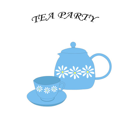 teapot teapot and blue cups set. Tea party vector illustration.のイラスト素材