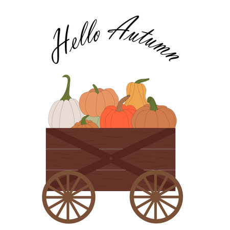 cart full of pumpkins. Thanksgiving and Halloween vector illustrations.のイラスト素材