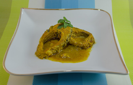 Indian Rohu Fish curry typically eaten with rice in the eastern part of Indiaの写真素材
