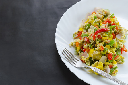 egg scrambled with bell pepper ( capsicum) ,onions ,chillies and black pepperの写真素材