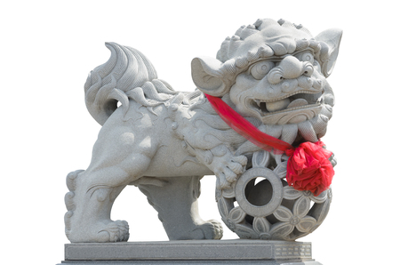Chinese Imperial lion Statue,Isolated on white background, Also call gardian lion.の写真素材