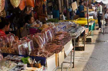 Bangkok, Thailand - Dec 25, 2015 Dried sea food for sell at Or Tor Kor markrt, a well known place for fresh food, fruits and foods. Located next to Jatujak market.のeditorial素材