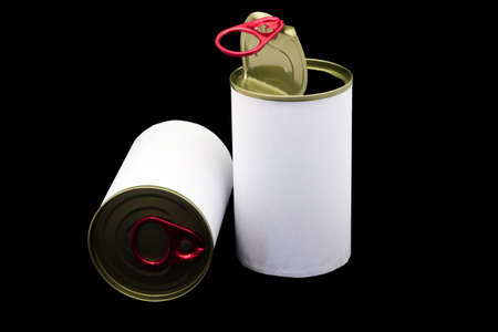 Empty opened tin can on black background.の写真素材
