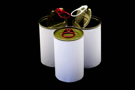 Empty opened tin can on black background.