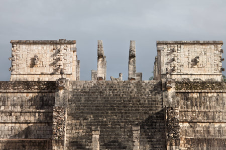 close and top view of the Mayan Warriors Temple in Chichen Itza, Mexicoの写真素材