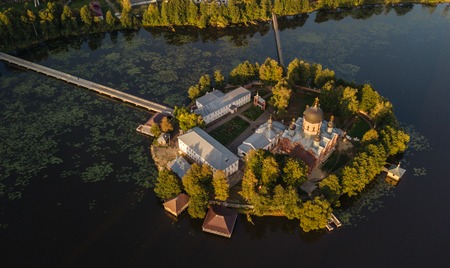 The Holy-Vvedensky nunnery in the Vladimir region. On the island. Aerial view.の写真素材
